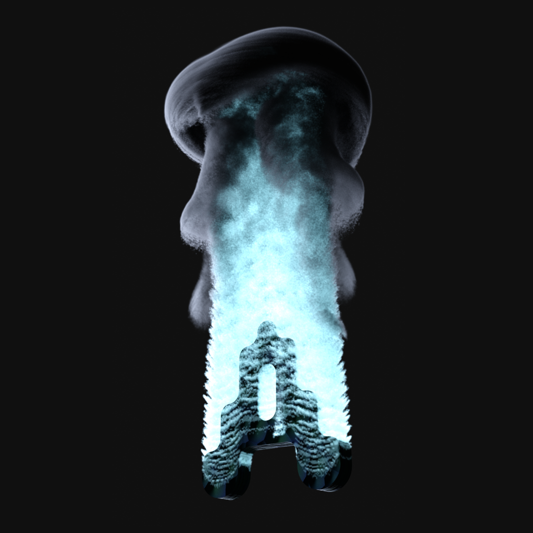 Letter A with the material of scales burning with a turquoise fire floating in a dark void.